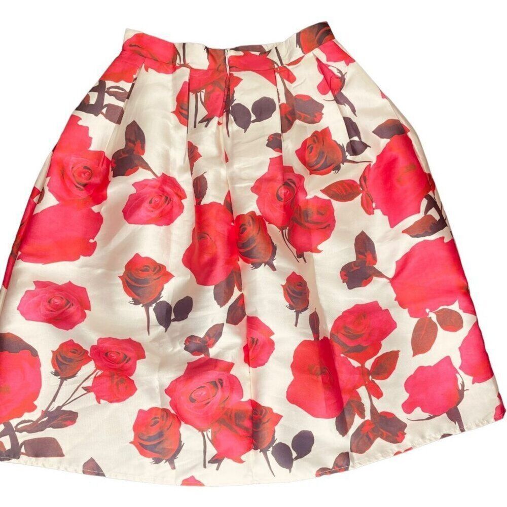 Chicwish | Red Rose Floral Pleated Full Midi Skirt Cream Satin Size M | EUC - Picture 7 of 10